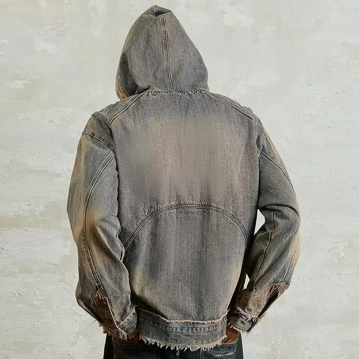 Unisex Washed Distressed Fuzzy Denim Hoodie