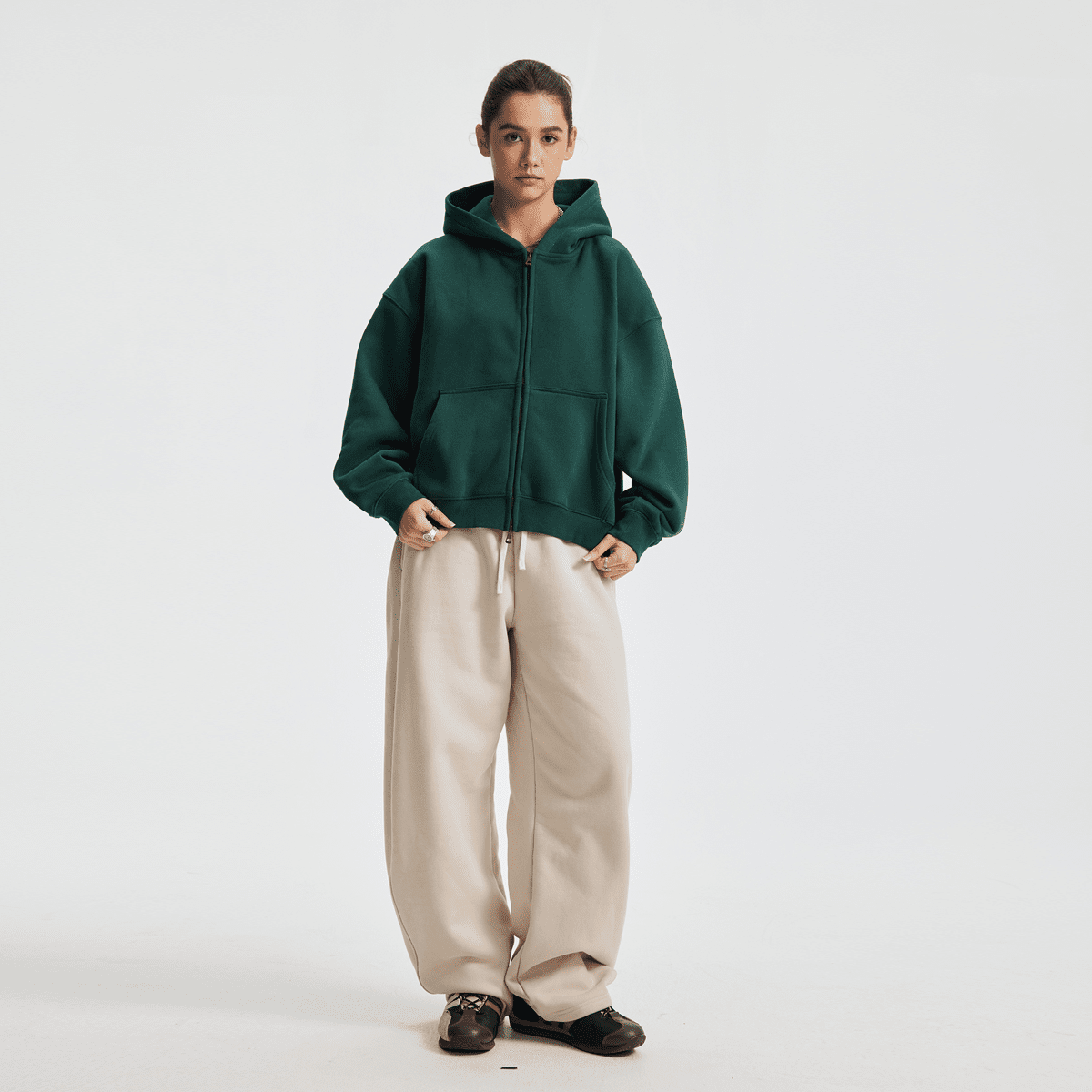 Unisex Boxy Cropped Fleece Zip-Up Hoodie