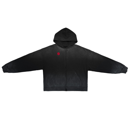 Unisex Washed Distressed Dystopian Streetwear Zip-Up Hoodie(420GSM)