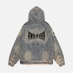 Unisex Washed Distressed Fuzzy Denim Hoodie