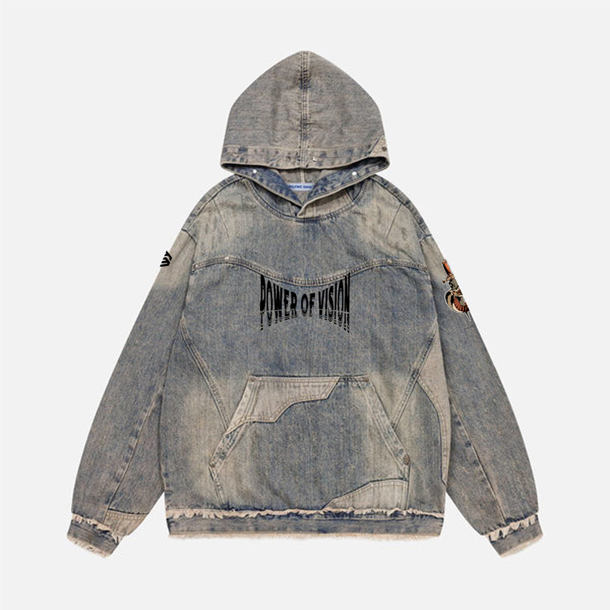 Unisex Washed Distressed Fuzzy Denim Hoodie