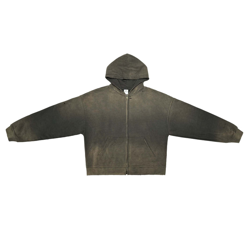 Unisex Washed Distressed Dystopian Streetwear Zip-Up Hoodie(420GSM)