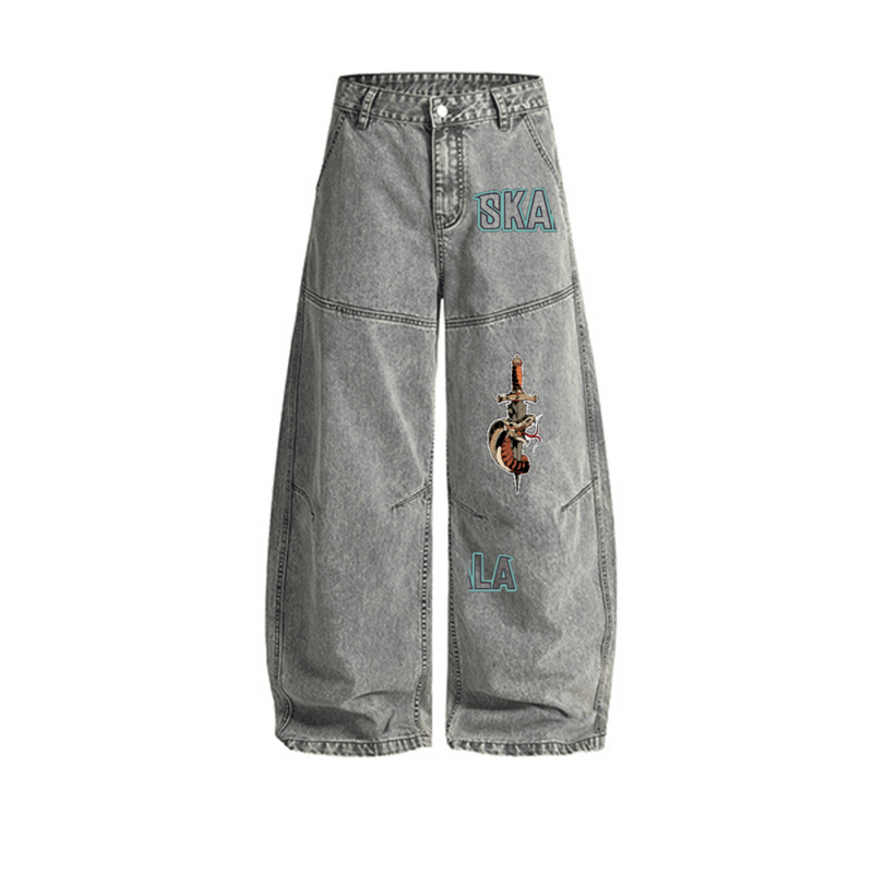 Unisex Washed Curved Blade Denim Jeans