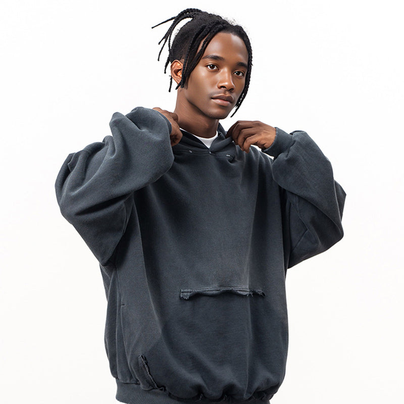 Reverse Pocket Design Distressed Hoodie(440GSM)