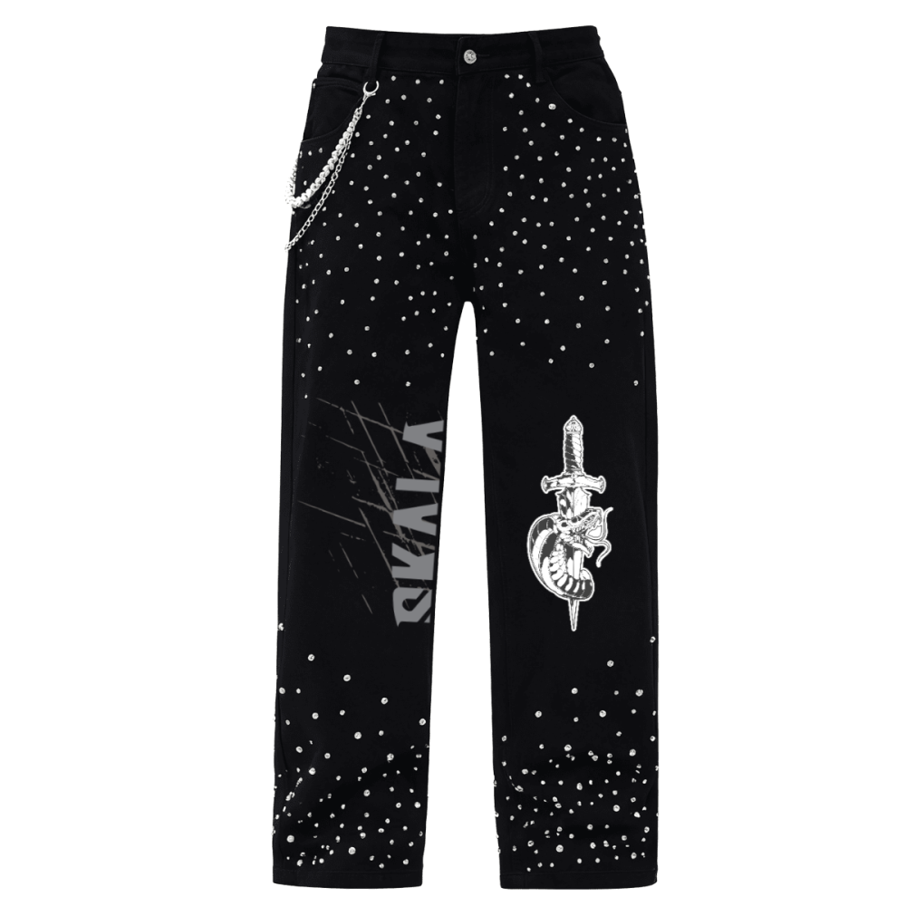 Unisex Rhinestone-Embellished Relaxed Straight-Leg Jeans