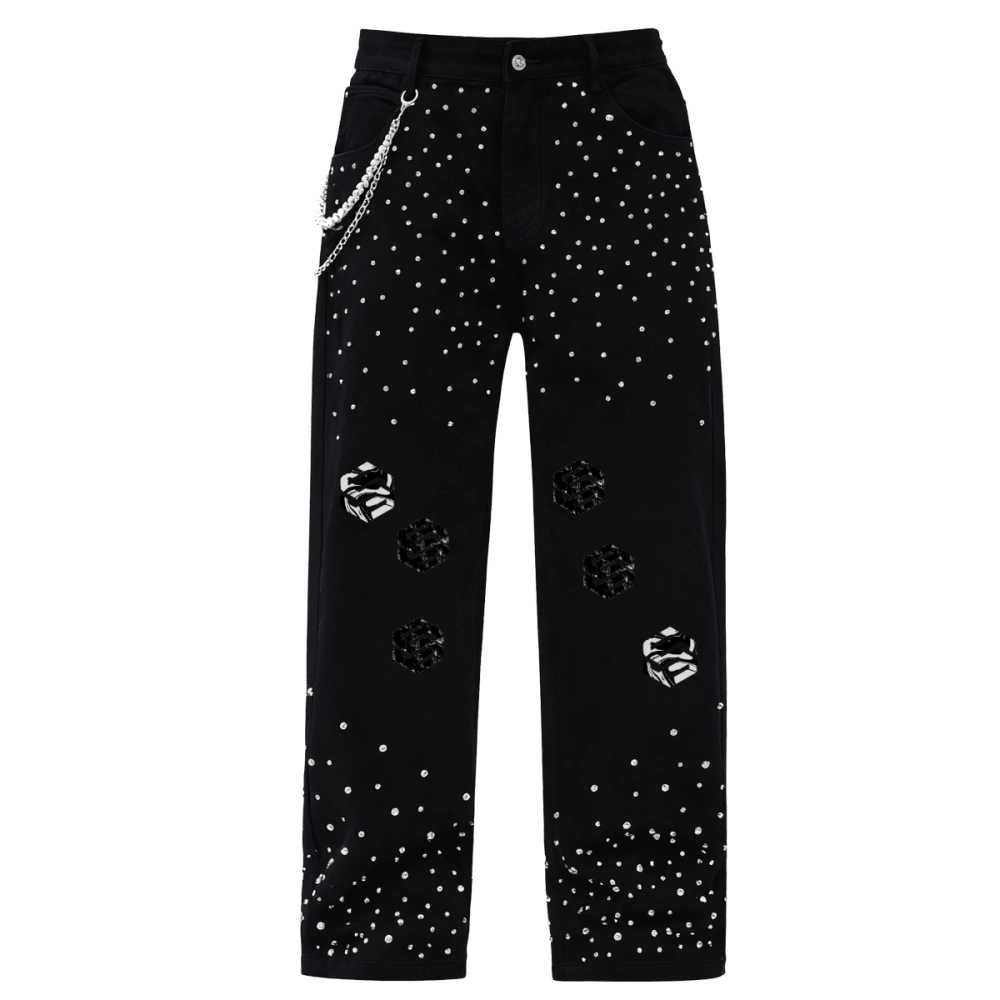 Unisex Rhinestone-Embellished Relaxed Straight-Leg Jeans