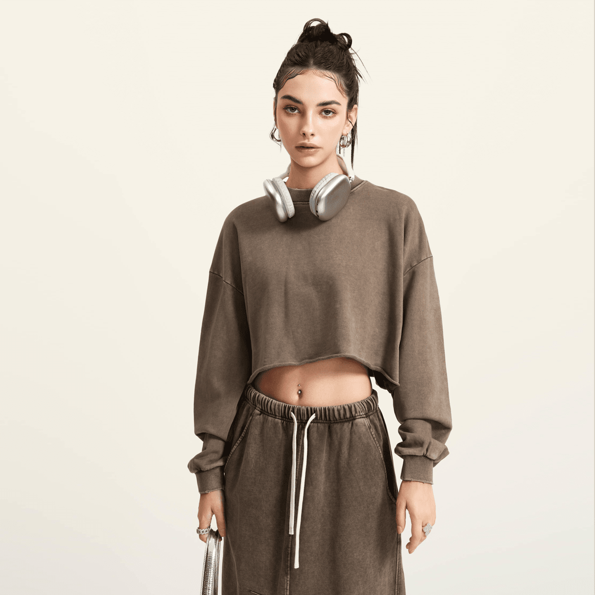 Cropped Oversized Washed Sweatshirt with Premium Cotton