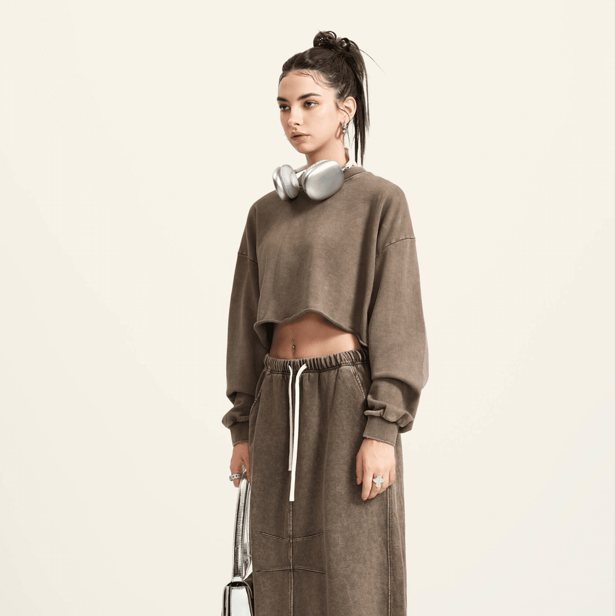 Cropped Oversized Washed Sweatshirt with Premium Cotton