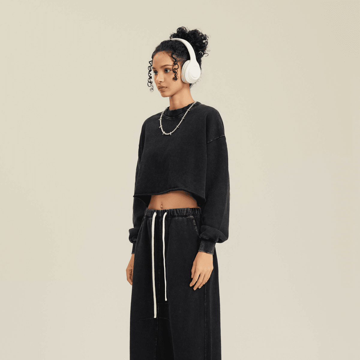 Cropped Oversized Washed Sweatshirt with Premium Cotton