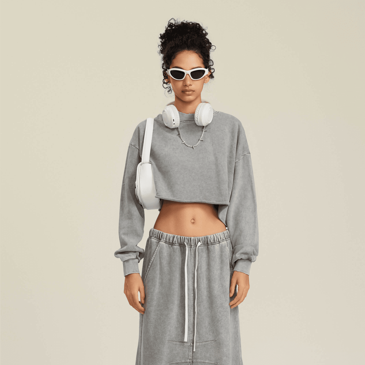 Cropped Oversized Washed Sweatshirt with Premium Cotton
