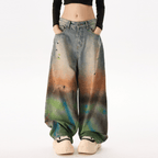 Unisex Vintage Washed Distressed Paint-Splatter Denim Jeans