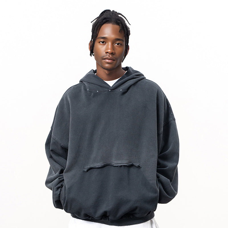 Reverse Pocket Design Distressed Hoodie(440GSM)