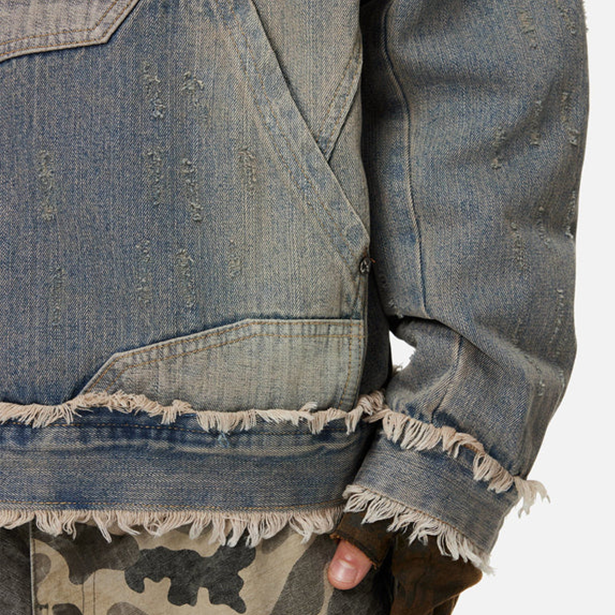 Unisex Washed Distressed Fuzzy Denim Hoodie
