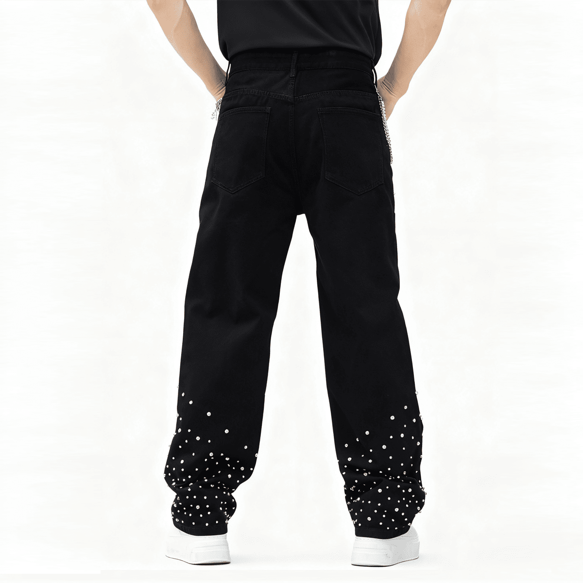 Unisex Rhinestone-Embellished Relaxed Straight-Leg Jeans