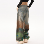 Unisex Vintage Washed Distressed Paint-Splatter Denim Jeans