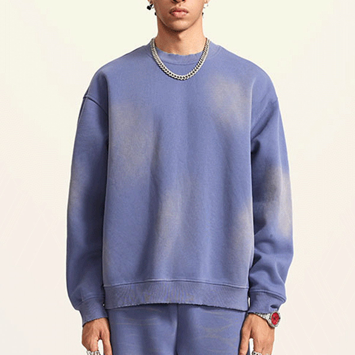 Round Neck Washed Distressed Ombre Heavyweight Sweatshirt
