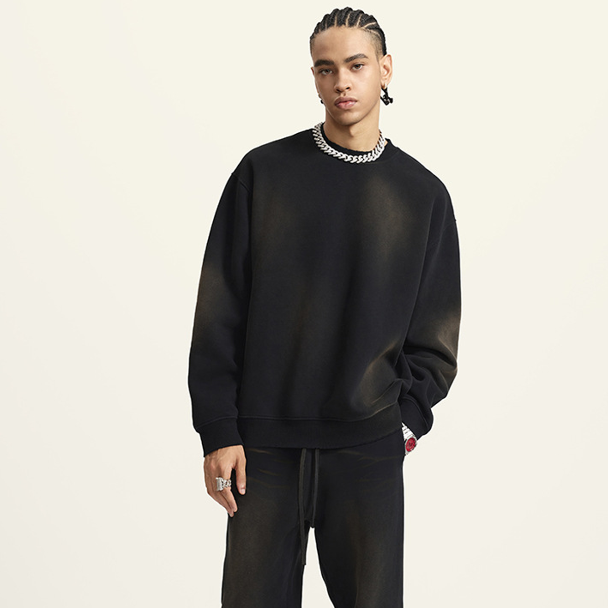 Round Neck Washed Distressed Ombre Heavyweight Sweatshirt(440GSM)