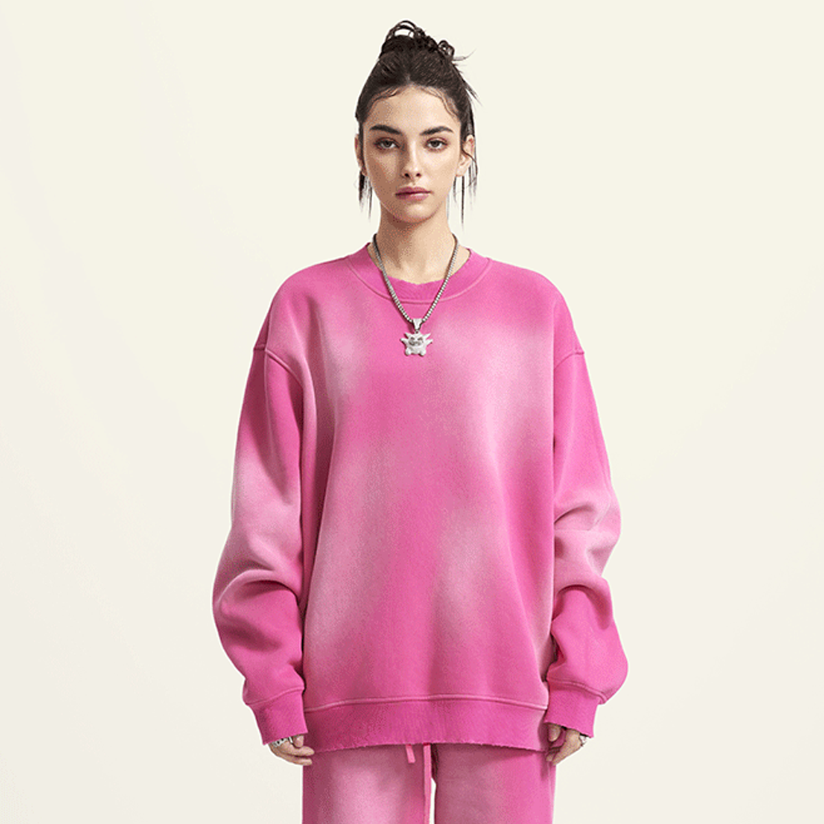 Round Neck Washed Distressed Ombre Heavyweight Sweatshirt