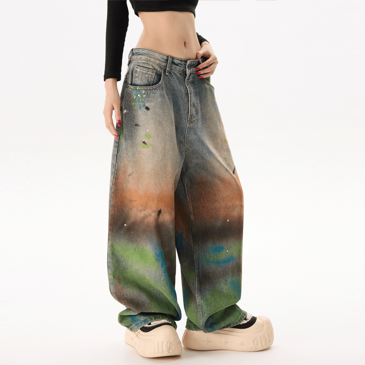Unisex Vintage Washed Distressed Paint-Splatter Denim Jeans