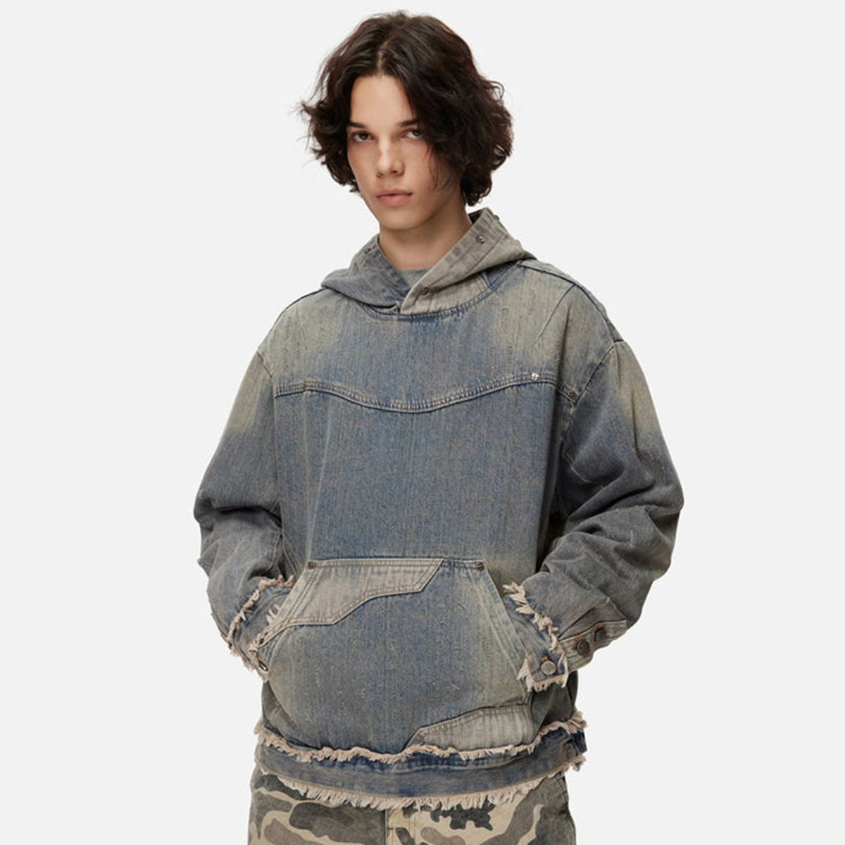 Unisex Washed Distressed Fuzzy Denim Hoodie
