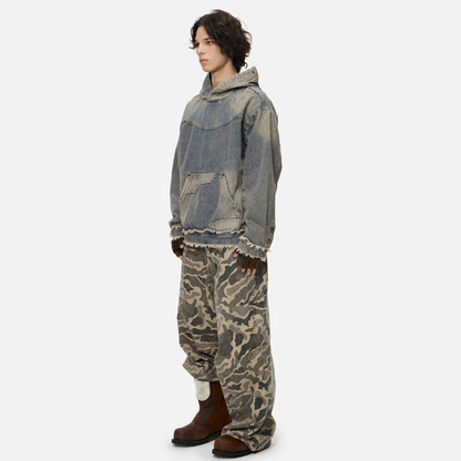 Unisex Washed Distressed Fuzzy Denim Hoodie