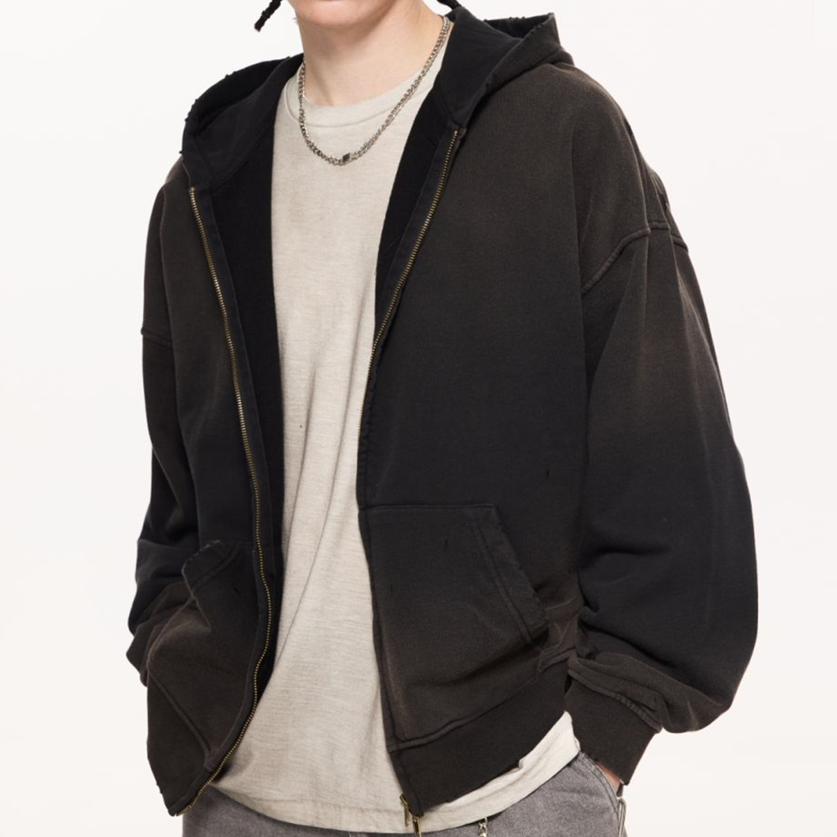Unisex Washed Distressed Dystopian Streetwear Zip-Up Hoodie(420GSM)