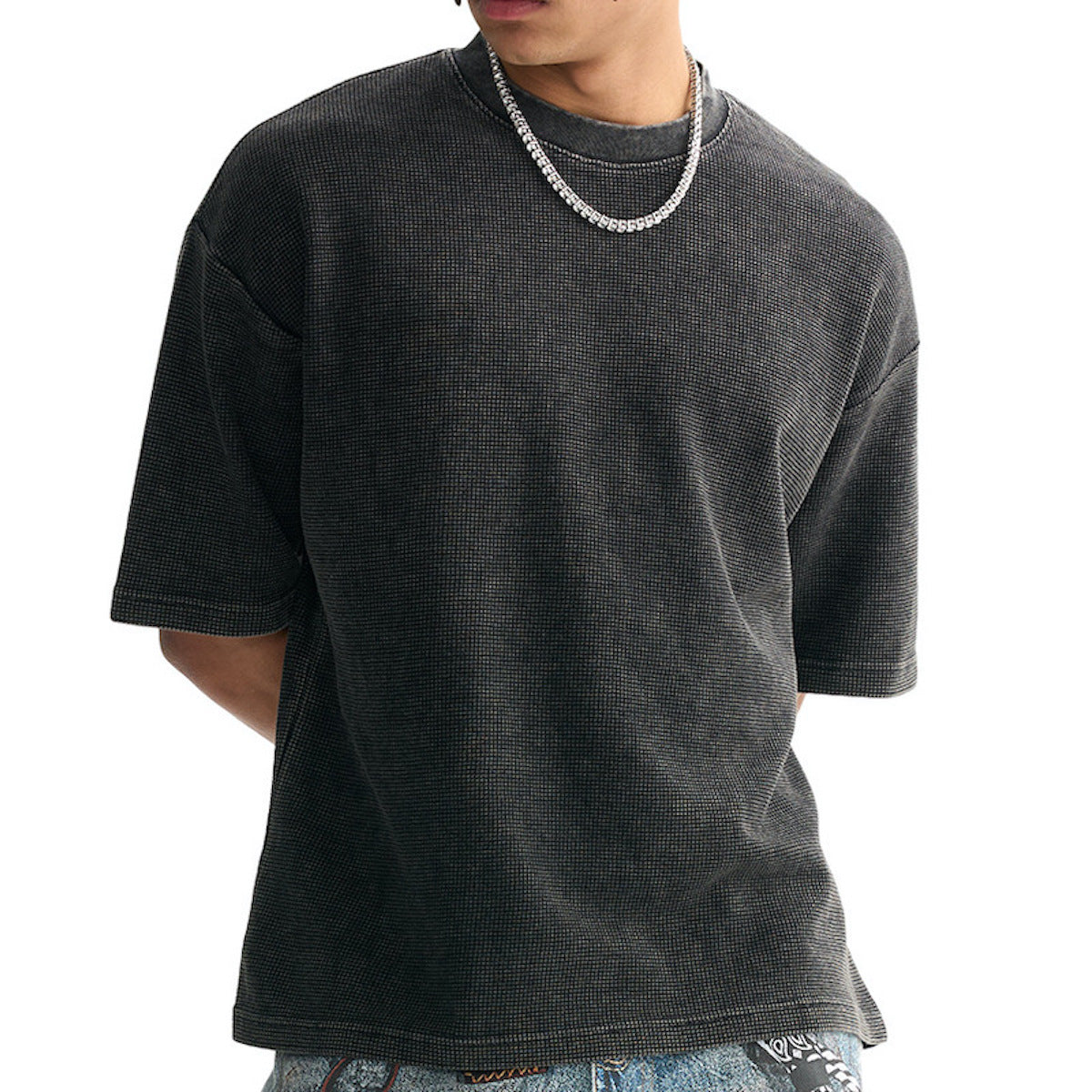 Waffle-Texture Washed Cropped Boxy T-Shirt(250GSM)