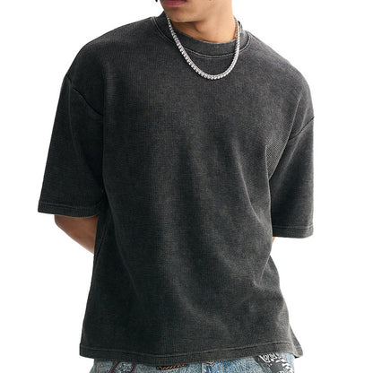 Waffle-Texture Washed Cropped Boxy T-Shirt(250GSM)